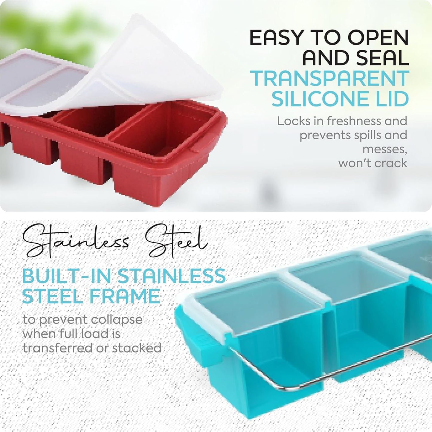 Silicone Freezer Tray With Lid - Soup Freezer Container molds - Large Ice Cube Tray- makes 8 perfect 1 cup portions cubes, 2-Pack Freezer Storage Food Soups & Meal Prep - Oven & Dishwasher -Safe