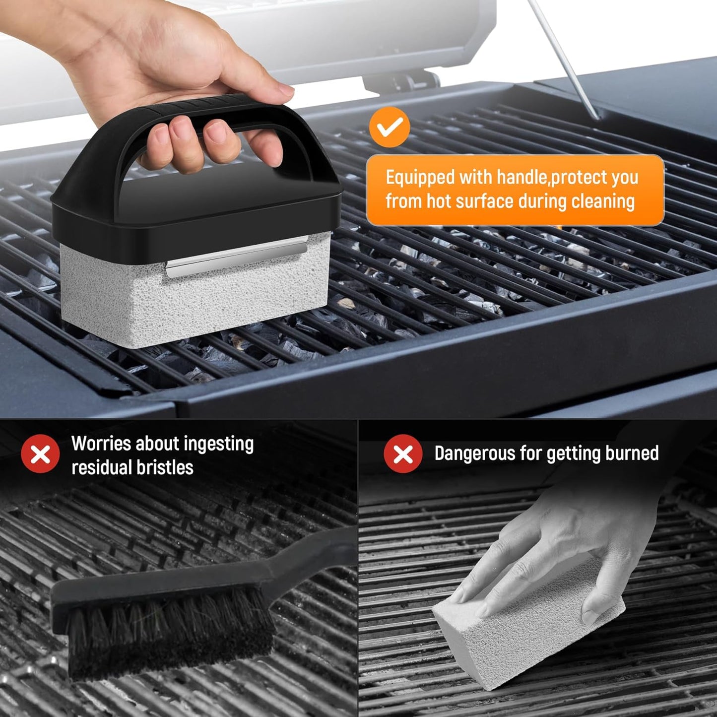 Grill Brick for Cleaning Flat Top, Heavy Duty Grill Stone Cleaning Block with Handle & Scraper, Griddle Cleaner, Pumice Stone for Removing Stubborn Grease, Rust (5 PCS)