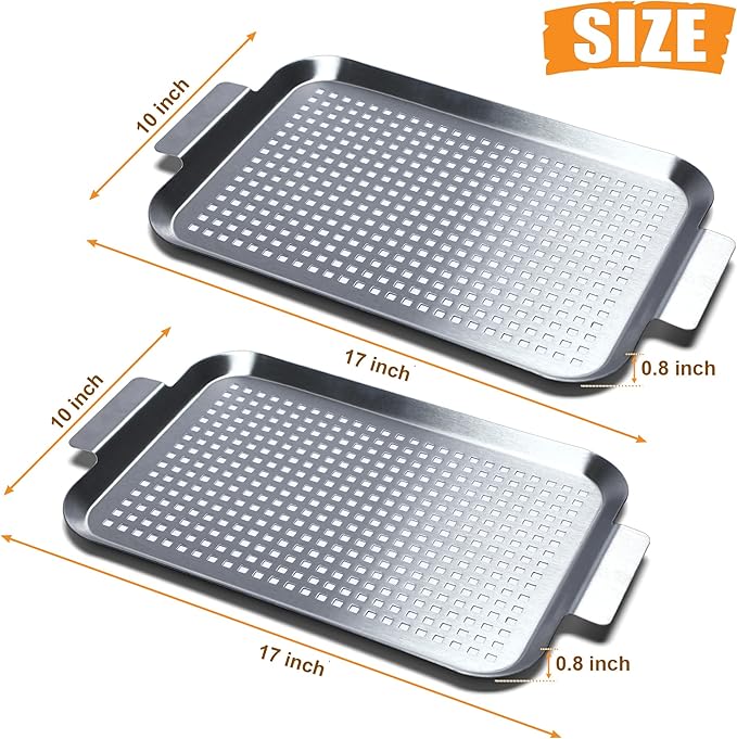 Grill Pan Set of 2, BBQ Grill Topper for Outdoor Grill, Stainless Steel Grilling Baskets with Holes and Handles, Perforated Food Tray Barbecue Accessories for Vegetable, Fish, Middle x 2