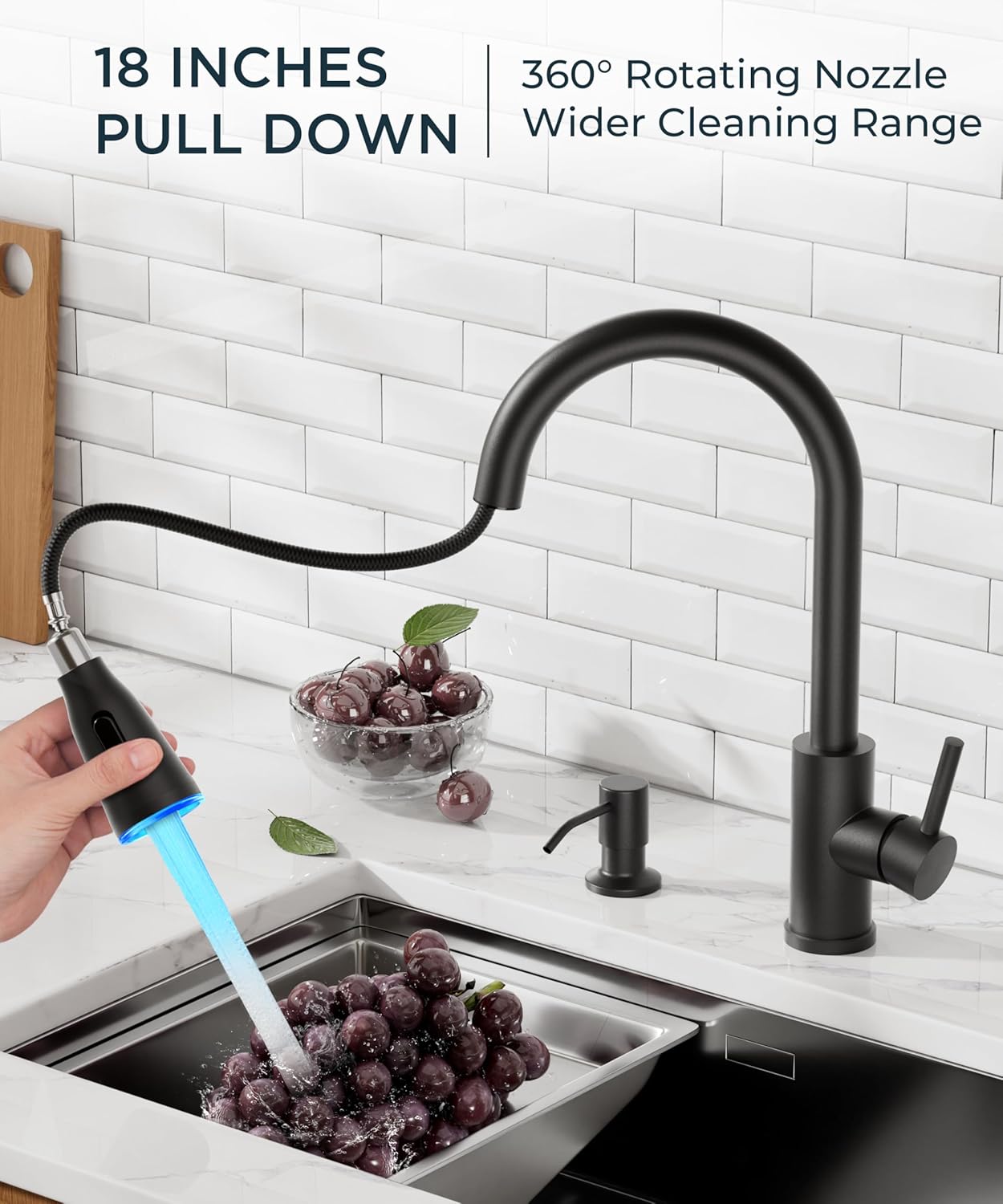 FORIOUS LED Kitchen Faucet with Soap Dispenser and Pull Down Sprayer, Matte Black High Arc Single Handle 3 Modes Stainless Steel Bar Faucet for Kitchen Sink RV Laundry Camper