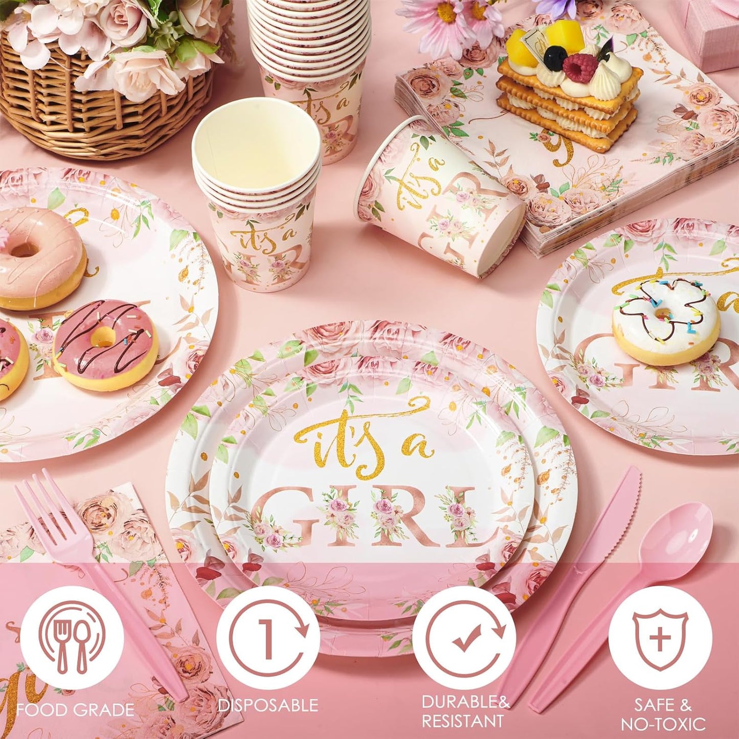 Dandat 350 Pcs Baby Shower Plates Set Baby Shower Party Supplies Serves 50 Tableware Sets Include Plates Napkin Cup Forks Knives Spoons Disposable Dinnerware(Floral,Pink)