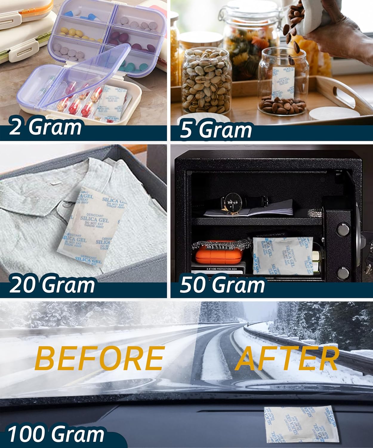 5 Gram (200 Pack) Color-Indicating Silica Gel Packets, Premium Food Grade Desiccant - Rechargeable Moisture Absorbers for Food Storage, Electronics, 3D Filament & Safes