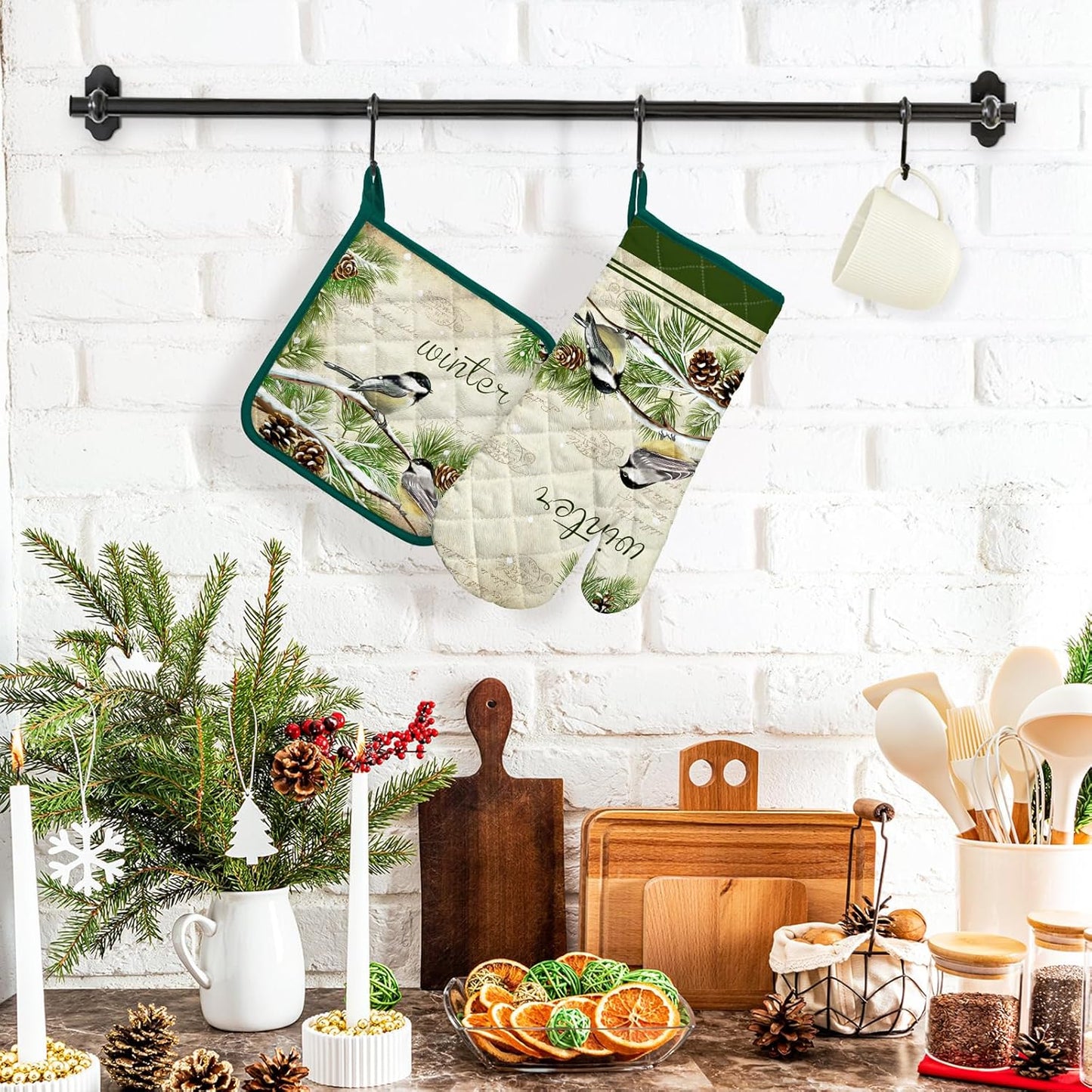 Winter Bird Leaf Oven Mitts and Pot Holders Sets 2Pcs, 100% Cotton Heat Resistant, Extra Long Oven Gloves Potholder for Kitchen Cooking Baking Decoration