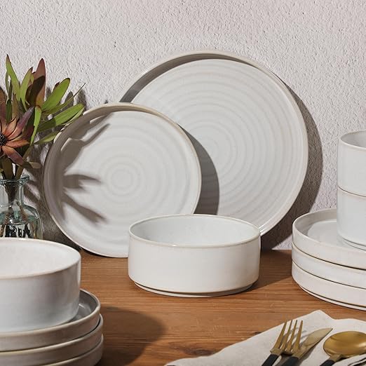 Gibson Elite Echo Bay 12 Piece Porcelain Reactive Glaze (Service for 4) Ceramic Plates and Bowls Modern Stackable Dinnerware Set - White