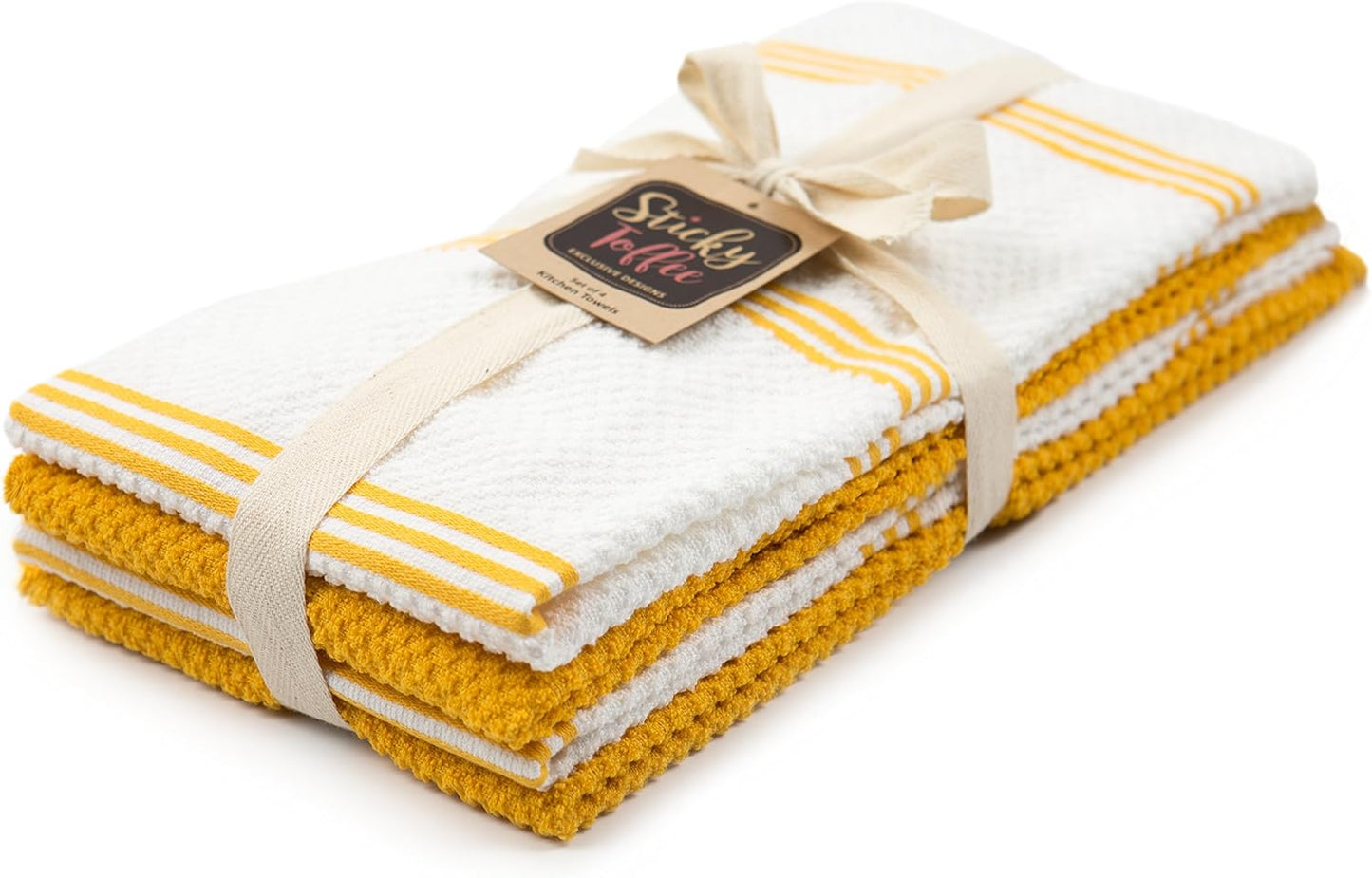 Sticky Toffee Cotton Kitchen Towels Set of 4 – Yellow and White Dish Towels 28x16 in, Reusable and Absorbent Tea Towels for Cleaning or Drying, Oeko-Tex Cotton