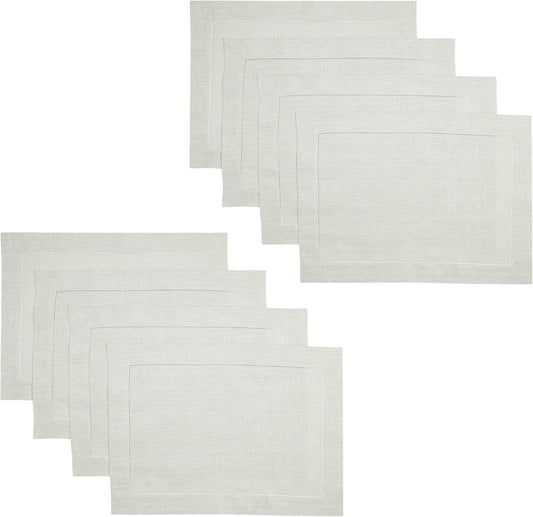 D'Moksha Homes Silver Grey Linen Cloth Placemats Set of 8-100% Pure Linen Hemstitch Placemats 14 x 19 Inch - Classic Hemstitch Table Place Mats for Fall, Halloween - Handcrafted and Machine Washable
