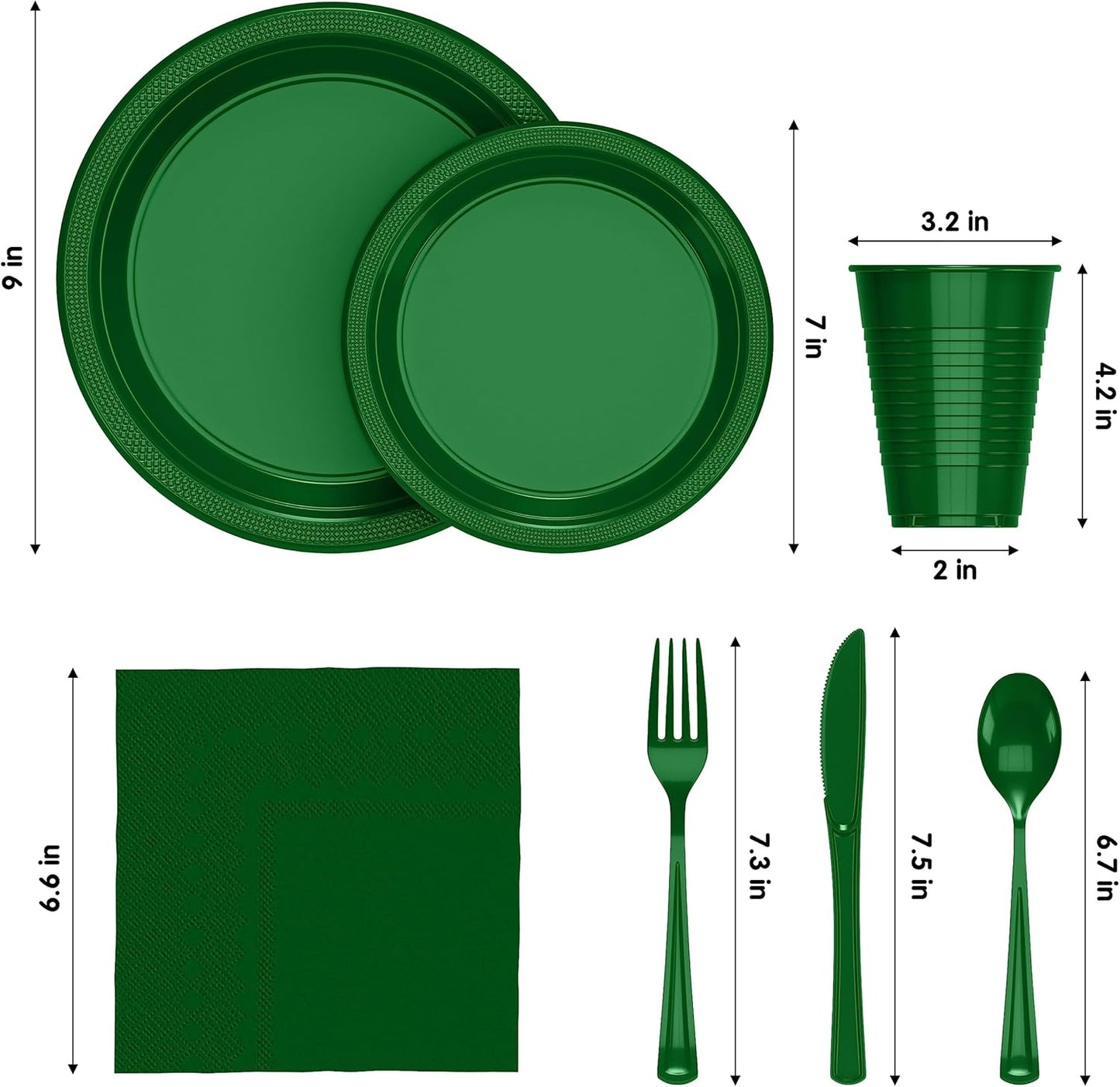 Party Solids 350 Pieces Emerald Green Plastic Plates For Party, Emerald Green Disposable Plates Set, 50 Of Each 9" Dinner Plate Set, 7" Dessert Plate, Cups, Napkins & Cutlery Plastic Dinnerware
