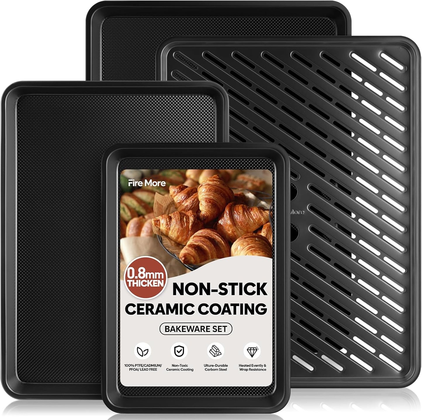 4 Pack Baking Sheet Pan Set Non Stick, Carbon Steel Cookie Sheets for Baking with Wire Rack, Cooling Racks for Cooking and Baking, Thicker Ceramic Half/Quarter/Jelly Roll Baking Trays for Oven