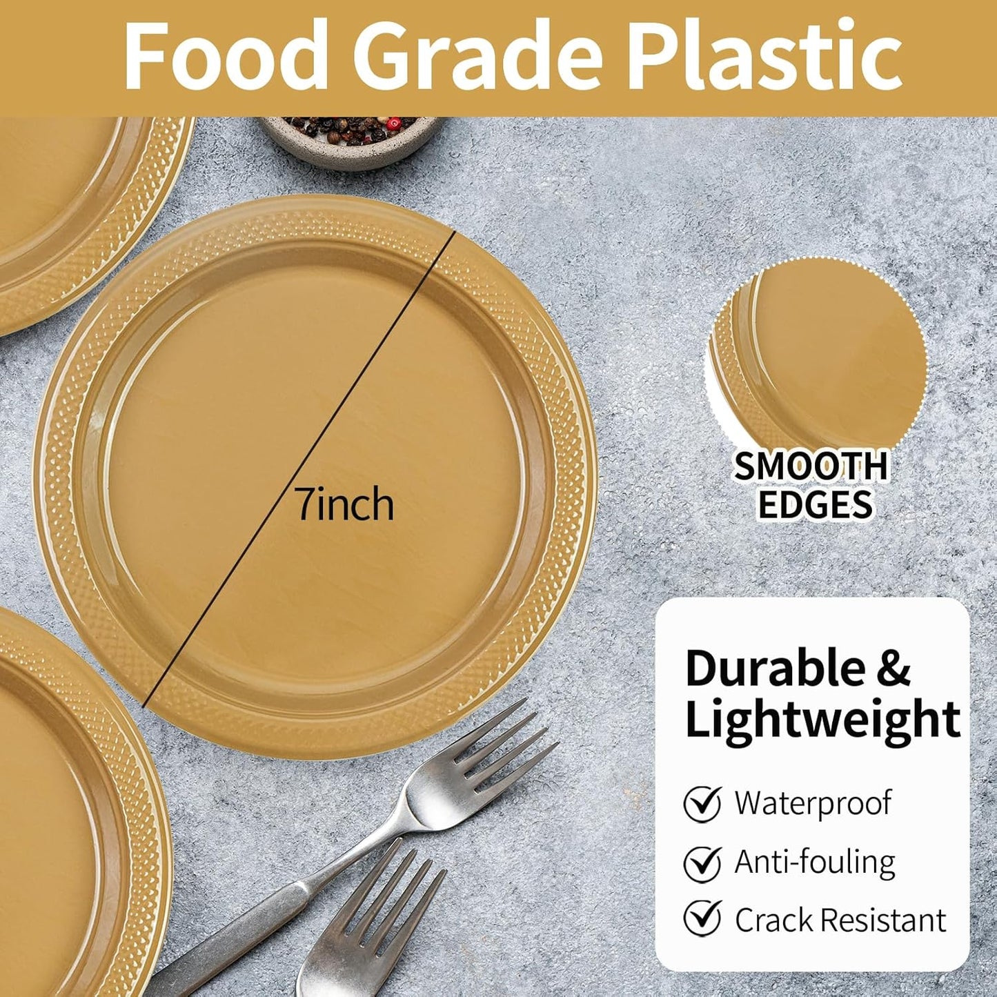 100pcs 7 Inch Elegant Gold Plastic Plates Disposable Dessert Plates - Heavy Duty Gold Dinner Plates for Birthday, Wedding,Valentines Party Supplies