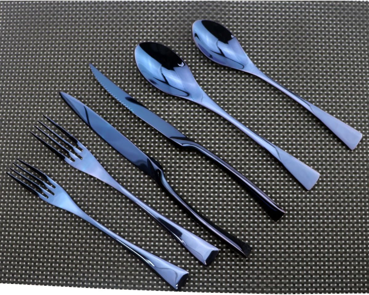 Flatware Set 18/10 Stainless Steel Mirror Polished Blue Cutlery - Silverware Utensil Set of Serrated Steak Knife Dinner Fork Knife Spoon Salad Fork Dessert Spoon,24 Piece Service for 4