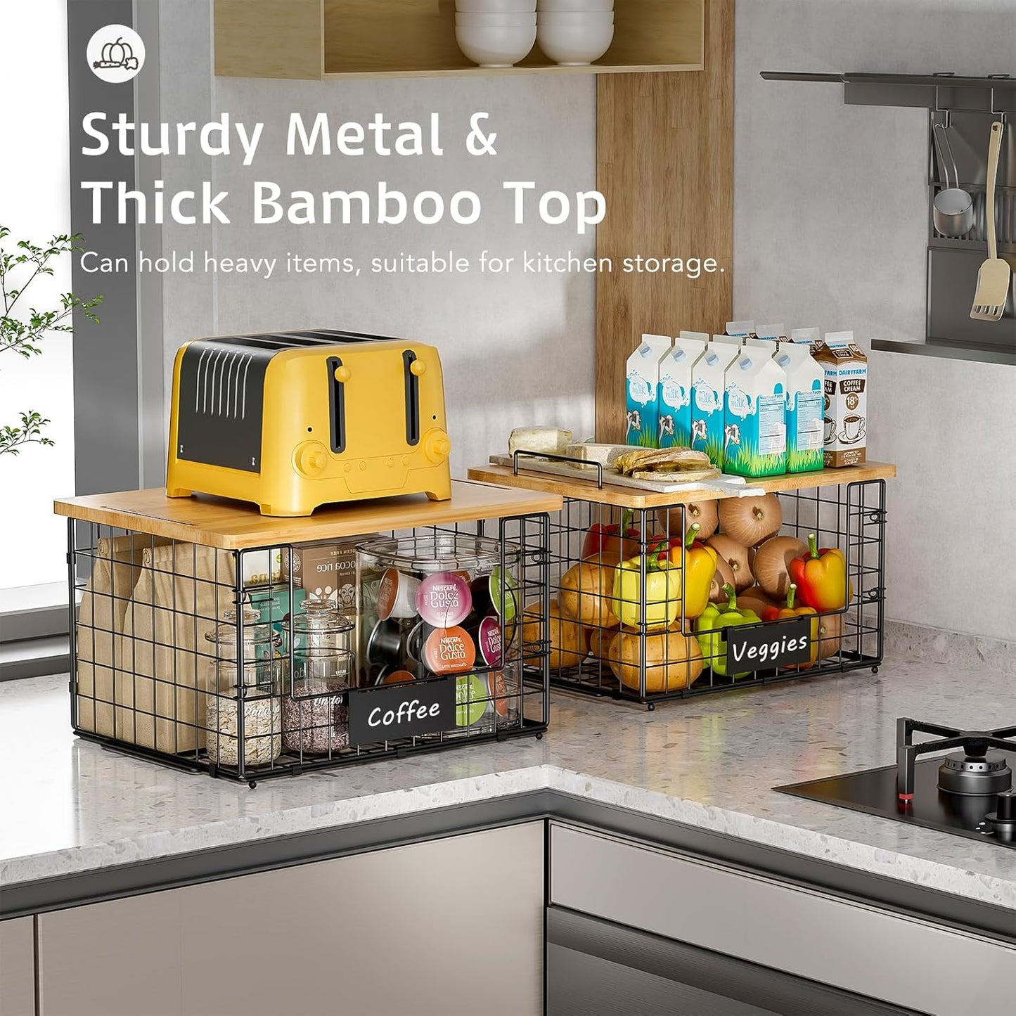 2 Pack Stackable Wire Baskets with Bamboo Top for Pantry Organizers and Storage, XXL Kitchen Organization Counter Basket for Fruit, Vegetable, Produce, Bread, Potato and Onion Storage Bins