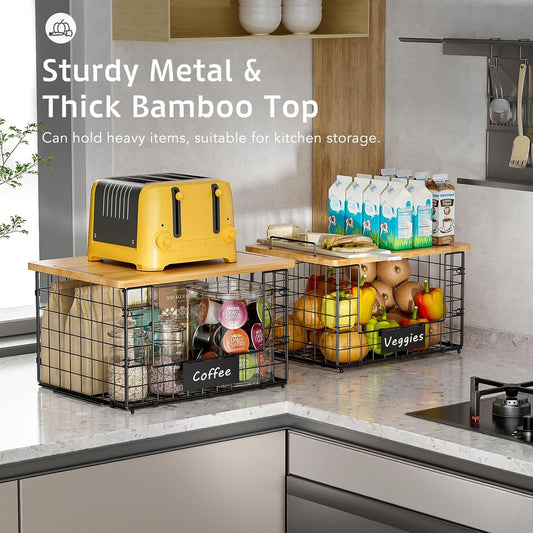 2 Pack Stackable Wire Baskets with Bamboo Top for Pantry Organizers and Storage, XXL Kitchen Organization Counter Basket for Fruit, Vegetable, Produce, Bread, Potato and Onion Storage Bins