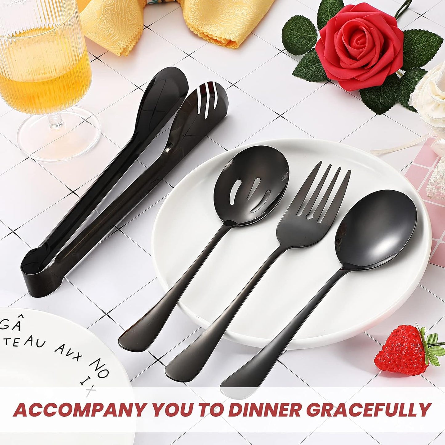 Patelai 8 Pieces Christmas Stainless Steel Black Serving Utensils Set 8.7" Large Spoons and Slotted Spoon 9.45" Tong 9" Forks Flatware Wedding Party Buffet Banquet Cooking Kitchen Catering
