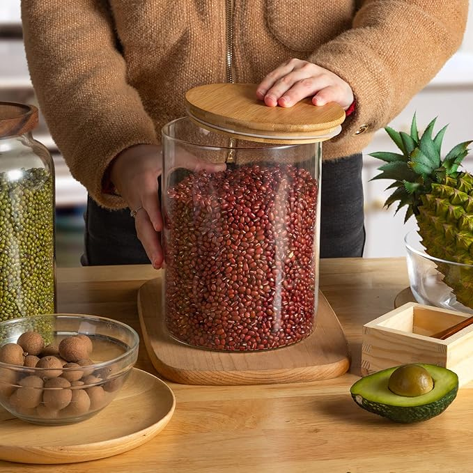 Liuruiyu 2-Pack Glass Food Storage Jars 105oz / 3100ml (3.3qt) – Stackable Airtight Glass Canisters with Bamboo Lids for Coffee, Sugar, Flour, Tea, Candy, Cookies, and Spices