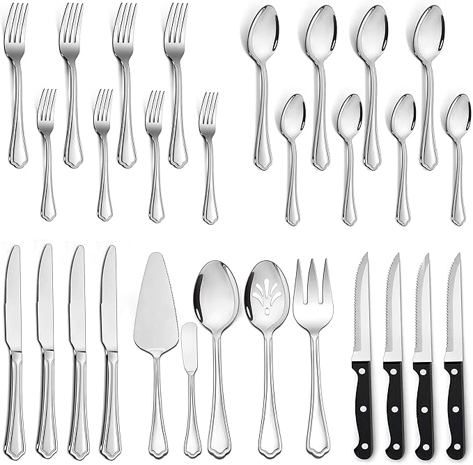 LIANYU 29-Piece Silverware Flatware Set for 4, Plus Steak Knives and Serving Utensils, Stainless Steel Cutlery Set, Eating Utensils Tableware with Scalloped Edge, Dishwasher Safe