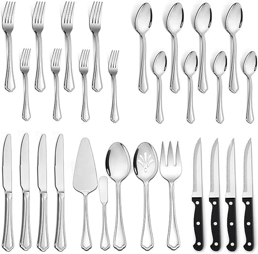 LIANYU 29-Piece Silverware Flatware Set for 4, Plus Steak Knives and Serving Utensils, Stainless Steel Cutlery Set, Eating Utensils Tableware with Scalloped Edge, Dishwasher Safe