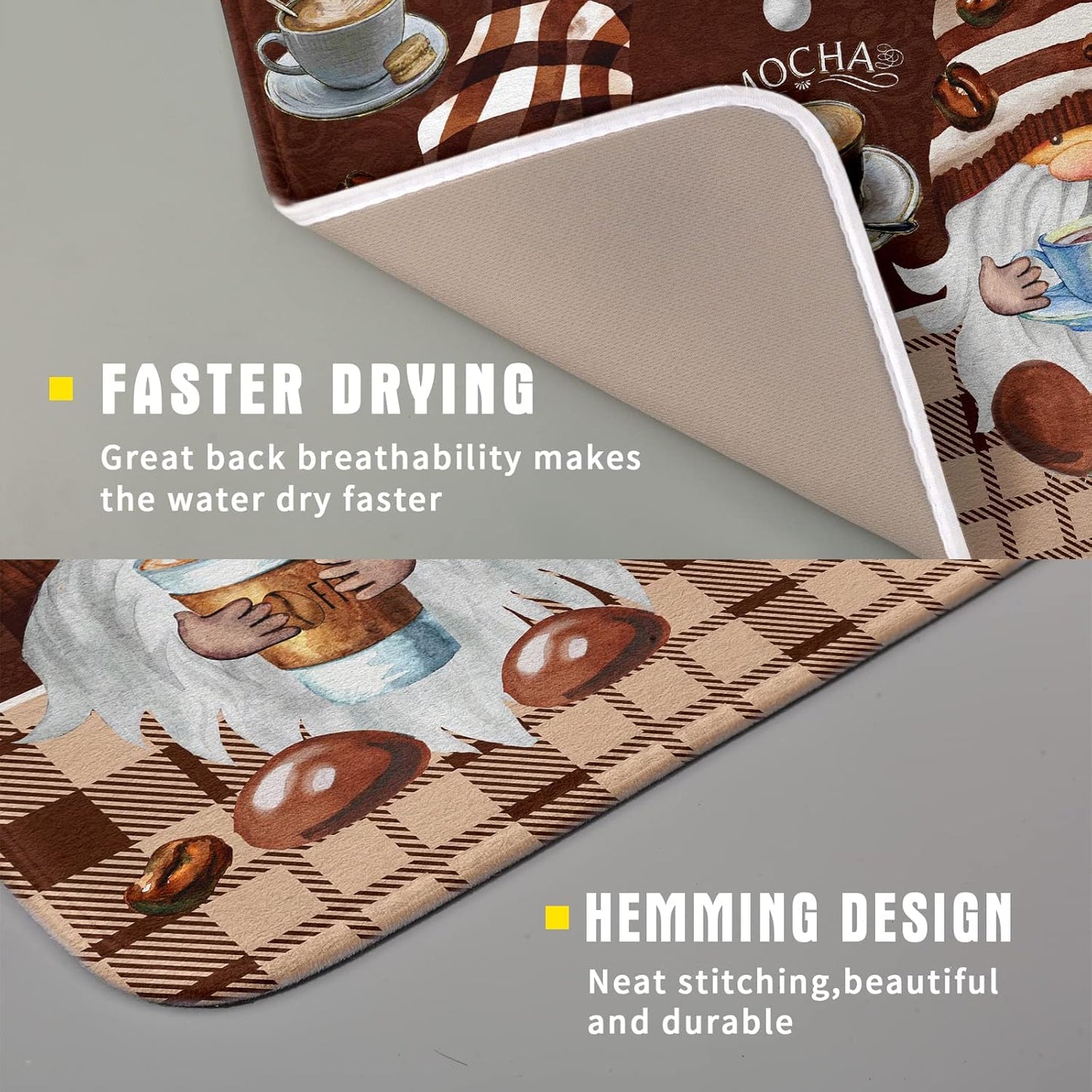 Coffee Gnomes Dish Drying Mat - Brown Plaid Absorbent Quick Dry Dishes Cups Rack Mats Anti Slip Microfiber Pad Under Coffee Maker Espresso Machine Kitchen Counter Bar Accessories 16 x 18 Inch