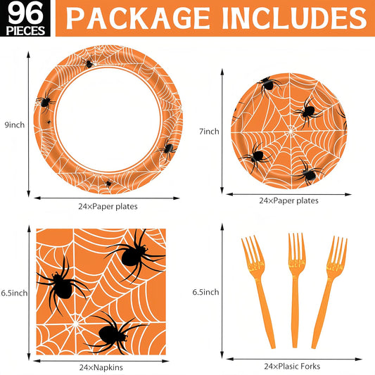 DTDO 96Pcs Halloween Spider Web Tableware Set Include Plates and Napkins Forks Birthday Party Decorations Disposable Dinnerware Set for Halloween Birthday Party Serves 24