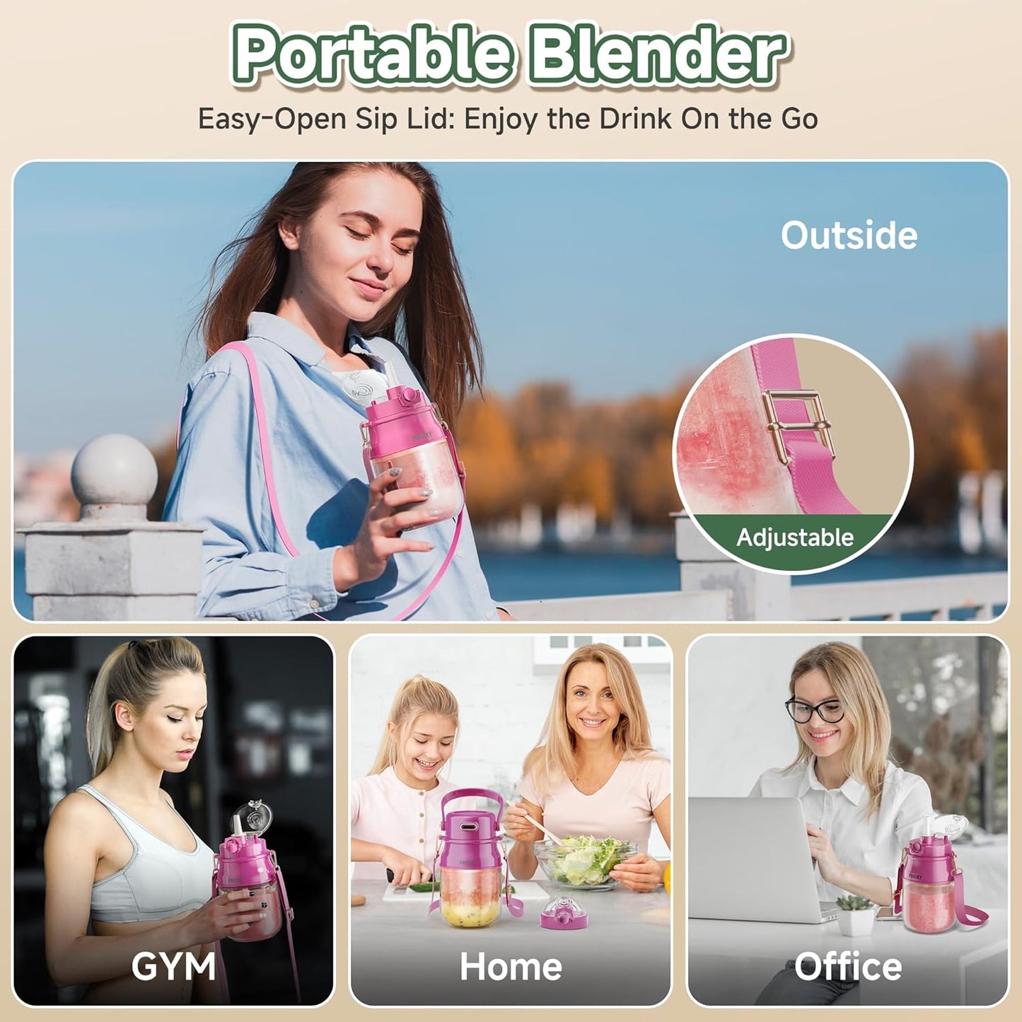 Portable Blender, Prasky Personal Blenders for Shakes and Smoothies with 27oz Cup, Lid and Shoulder Strap, Type-C USB Rechargeable, Personal Size Blenders BPA-free for Travel/Kitchen (Rose Red)