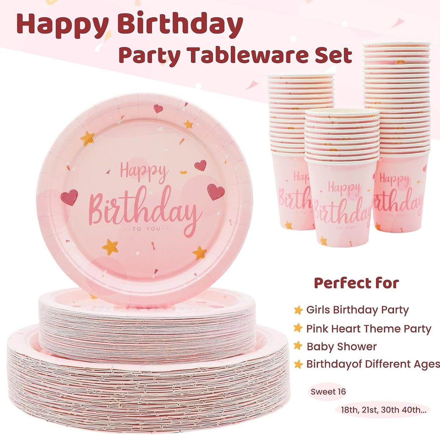 Birthday Party Tableware Set - 250PCS Party Supplies Pink Heart Disposable Paper Plates Dinnerware Set Pink Dinner Dessert Plates Cups Napkins Plastic Forks for 50 Guests