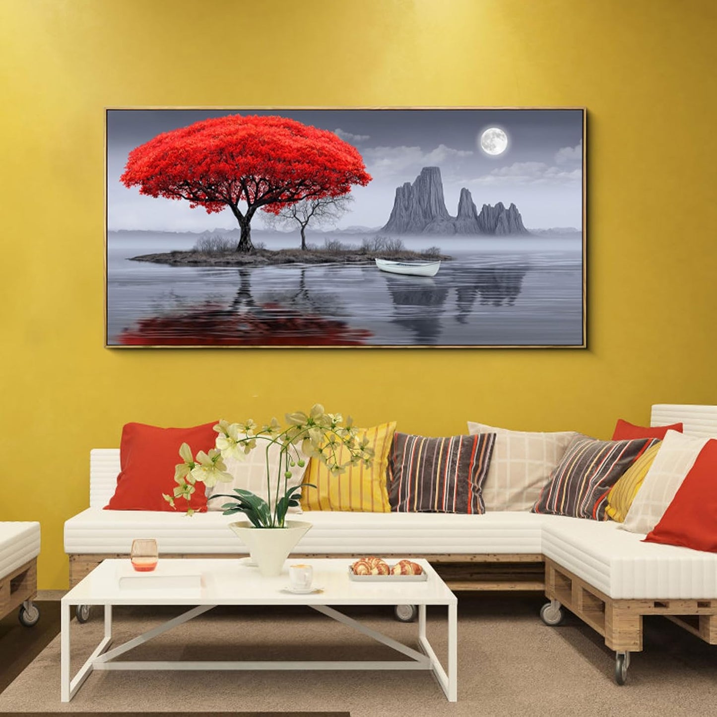 XLSJERST Large Wall Art - Red Room Wall Art Bedroom Decoration Frame Canvas Artwork Moon Landscape Lake Pacture for Living Room Office Black and White Wall Art 24x48 Inches