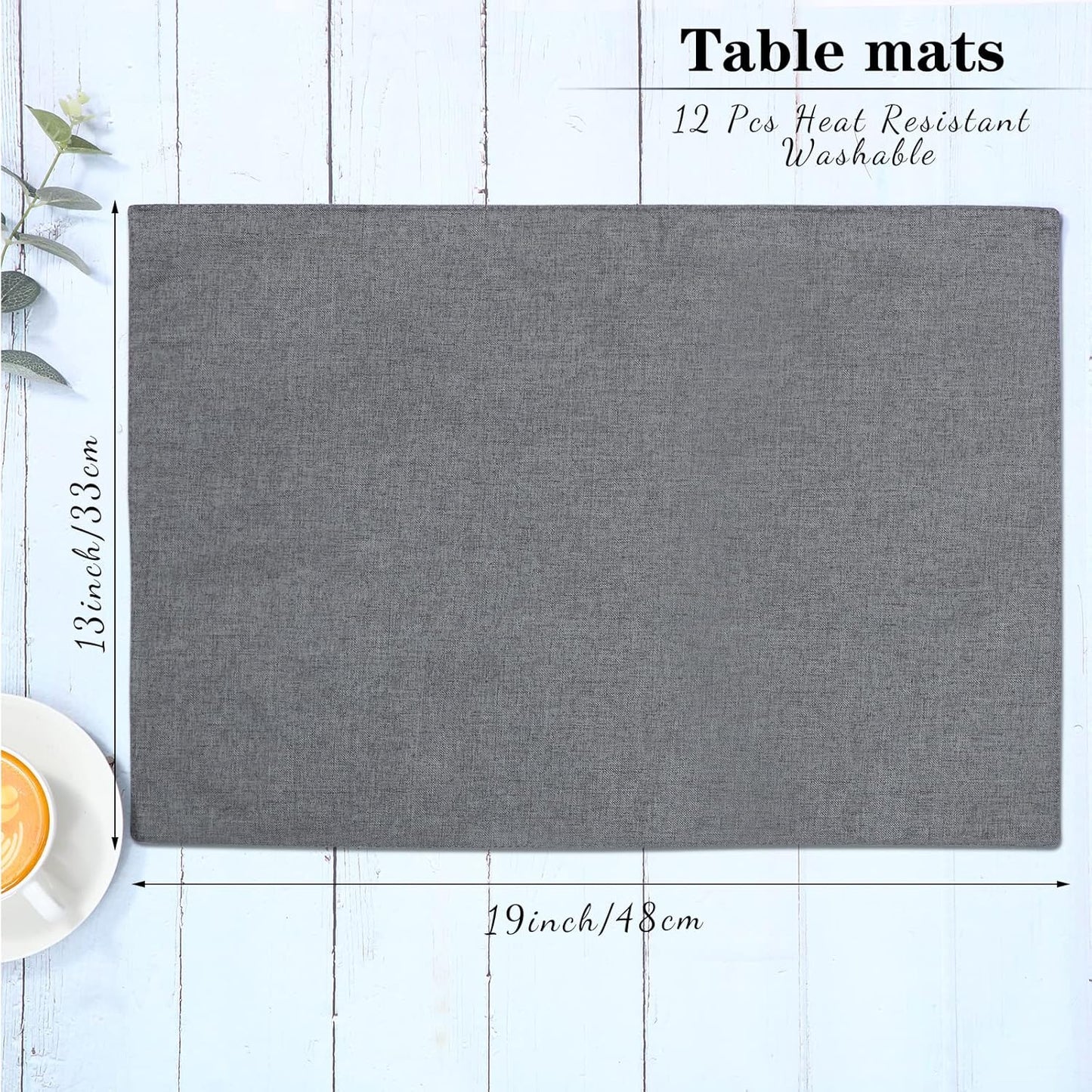 Sieral Cloth Placemats Set of 12 Rectangle Dining Table Placemats Bulk 13 x 19 Inch Machine Washable Heat Resistant Cotton Linen Table Mats for Wedding Baby Shower Birthday Party Supplies(Dark Gray)