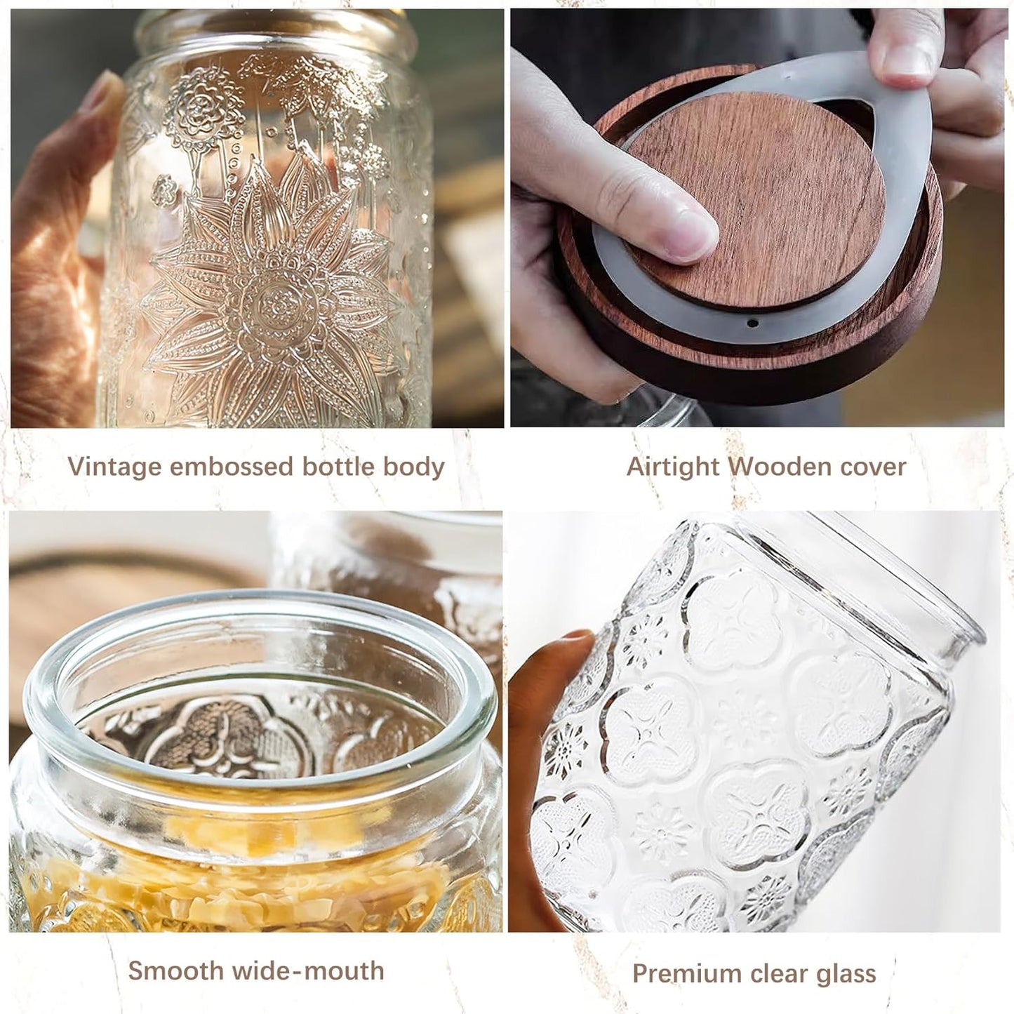 Glass Storage Jars with Airtight Bamboo Lid, 35 FL oz - Decorative Food Canisters for Kitchen Counter, Ideal for Sugar, Coffee, Tea, Candy, Cookies (35oz Large Sunflower)