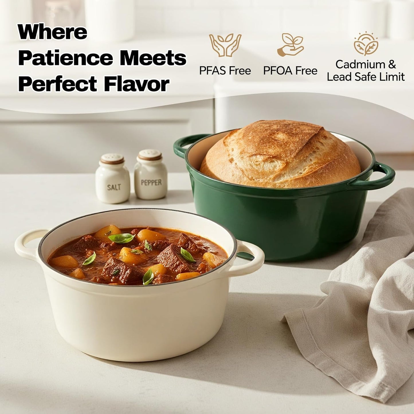 4.5 Quart Dutch Oven Pot with Lid, Non Stick Enameled Cast Iron Dutch Oven for Bread Baking, Heavy-Duty, Oven Safe Ceramic Cookware Up to 500°F for Baking, Braising, Stews, Roasting, Beige