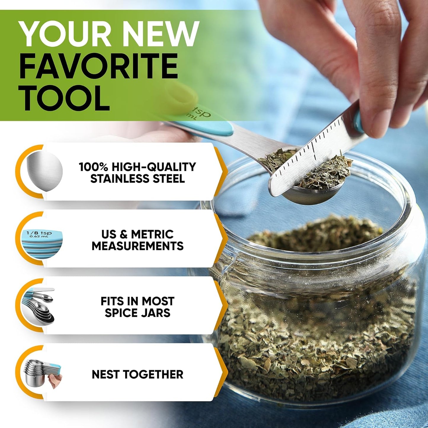 Spring Chef Magnetic Measuring Cups & Spoons Set, Patented, Strong Magnets, Heavy Duty Stainless Steel Fits in Spice Jars for Baking & Cooking, BPA Free, Round Set of 15 with Leveler, Aqua Sky