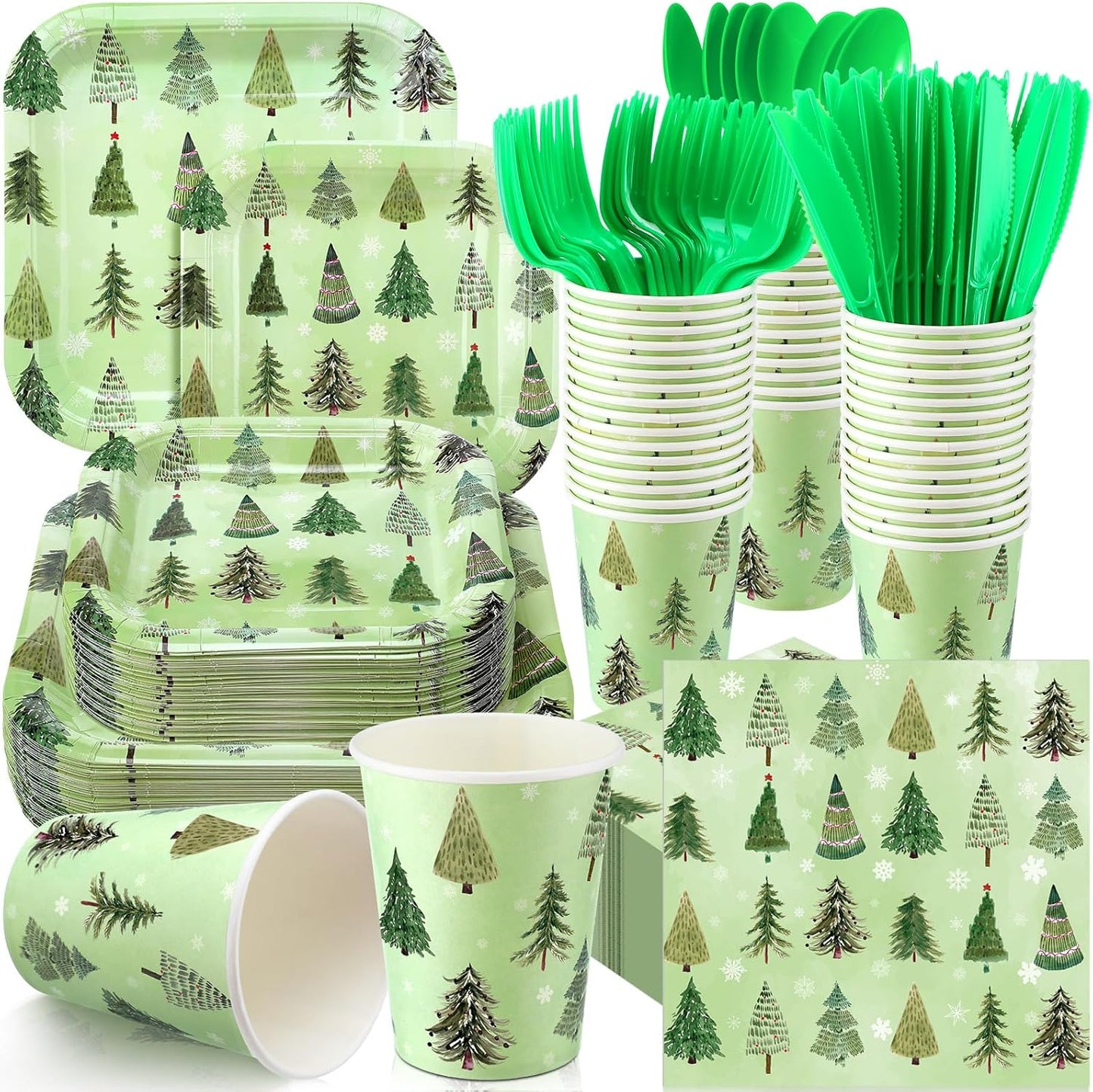 350 Pcs Paper Plates and Napkins Set Disposable Dinnerware Party Supplies Tableware Serve 50 Guest Cups Knife Forks Spoon(Green,Christmas Tree)