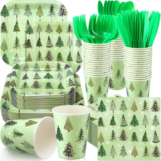 350 Pcs Paper Plates and Napkins Set Disposable Dinnerware Party Supplies Tableware Serve 50 Guest Cups Knife Forks Spoon(Green,Christmas Tree)