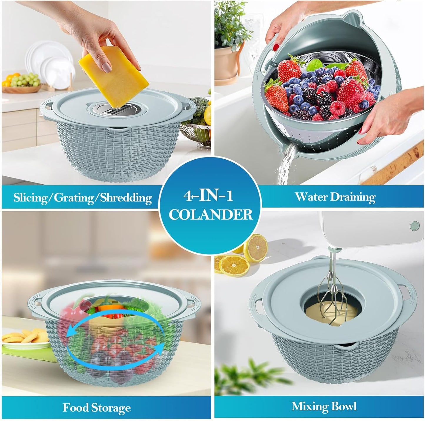 4 in 1 Colander with Mixing Bowl Set, Colander for Kitchen, Strainers and Colanders, Pasta Strainer, Fruit Cleaner, Veggie Wash, Aesthetic Kitchen Essentials - Blue