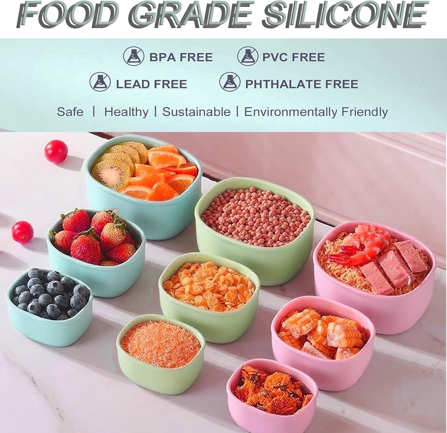 Reusable Nesting Silicone Food Storage Containers, Set of 3 Lunch Box Bento with Lids, Airtight Snack Container, BPA Free, Dishwasher Microwave Oven Freezer Safe (6.7oz, 10oz, 20oz) (Green)