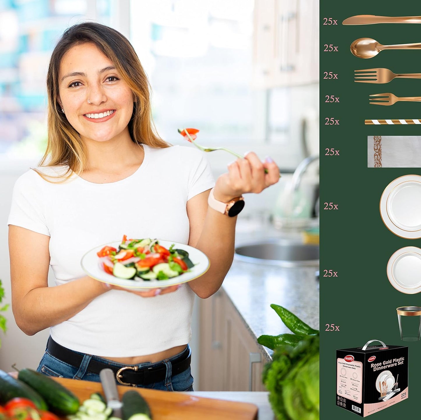 Neatiffy 225 Pcs Rose Gold Rim Plastic Dinnerware Set (25 Guests) | 25 x (Dinner Plate, Dessert Plate, Plastic Silverware, Cup, Napkin, Straw) | For Wedding, Luxurious Party, Special Event