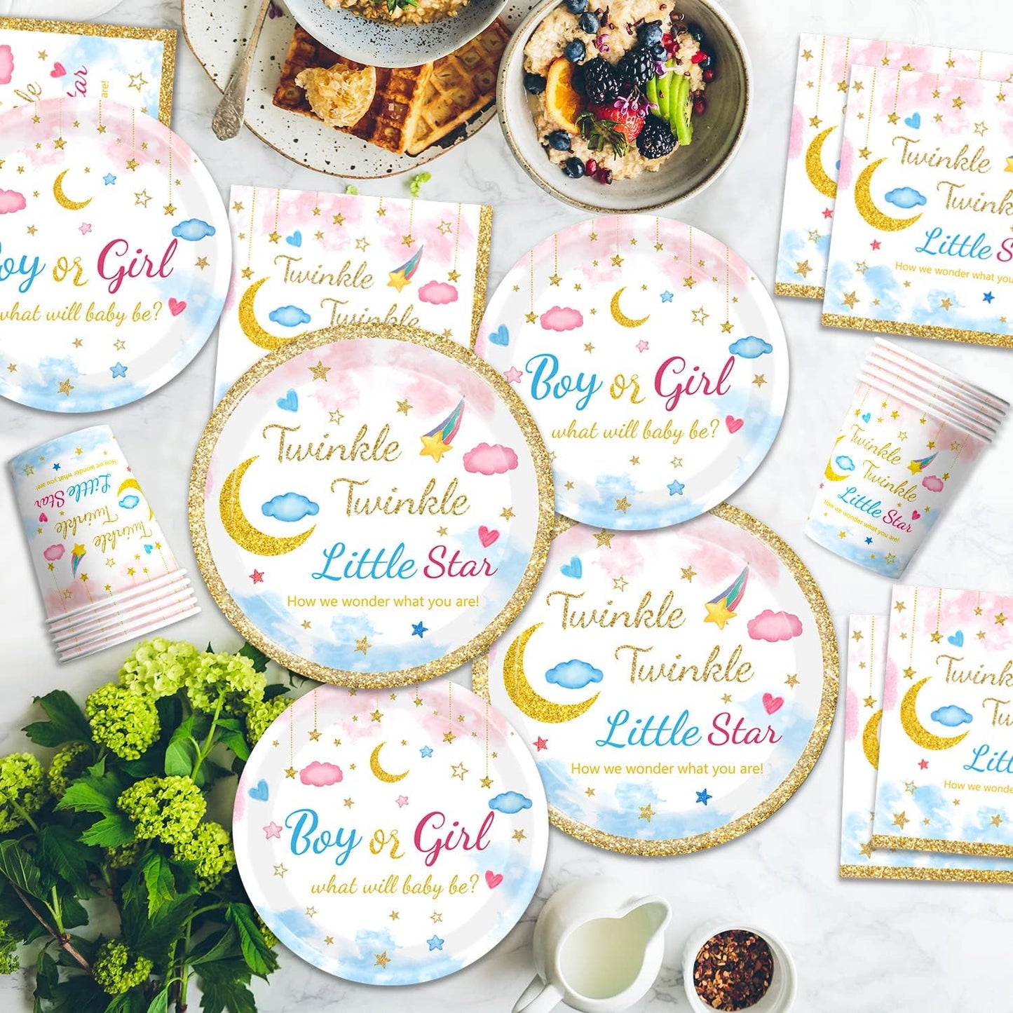 96Pcs Twinkle Twinkle Little Star Gender Reveal Party Supplies Tableware Set little Star Baby Shower Plates Napkins Forks Dinnerware for Baby Shower Decorations Girls or Boys Theme Party, 24 Guests