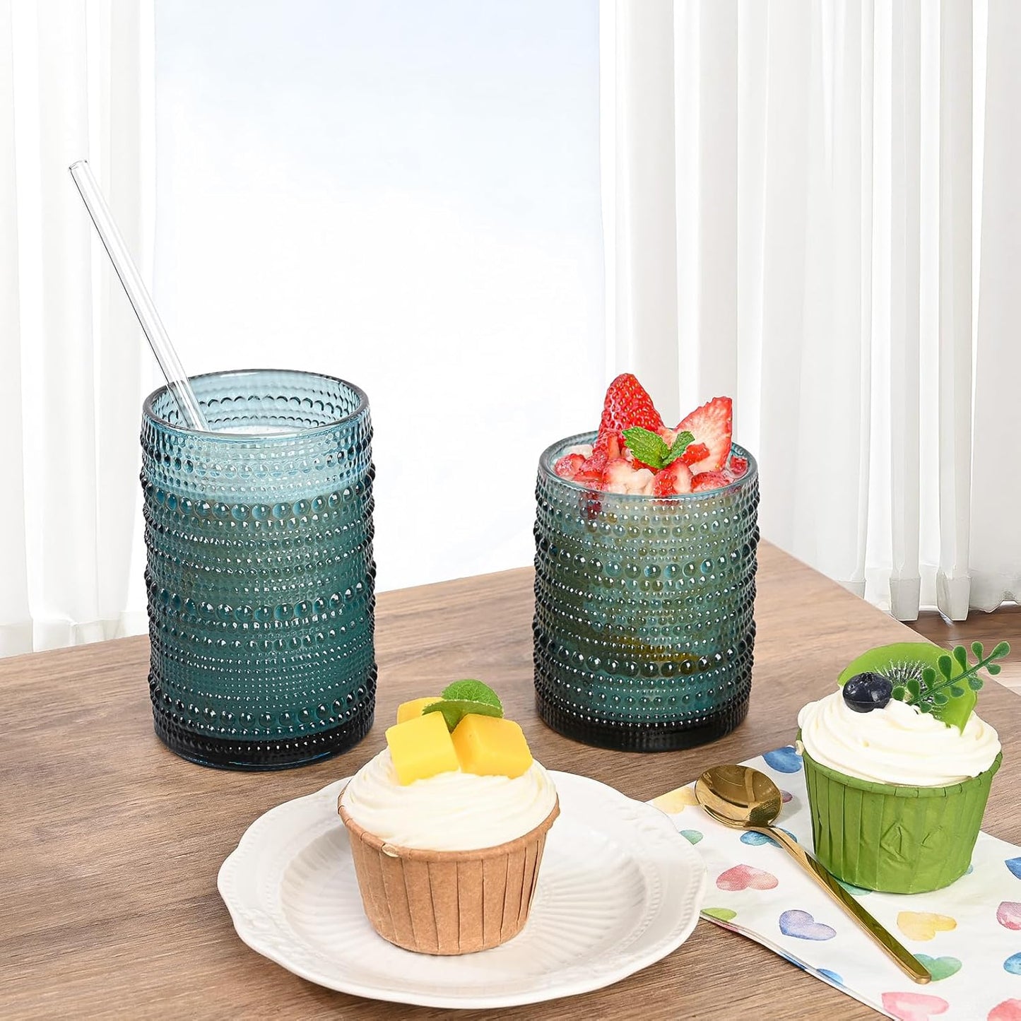 Vintage Glassware Drinking Glasses Set of 12,Blue 12oz & 15oz Hobnail Glass Cups,Embossed Water Tumbler,for Beer,Cocktail,Whiskey,Juice and Various Mixed Drinks- 1 Cleaning Brush