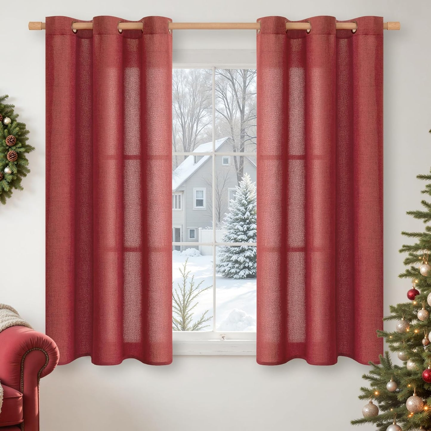 YoungsTex Red Linen Curtains 54 Inch Length for Living Room, Light Filtering Window Drapes Semi Sheer with Bronze Grommet Privacy for Bedroom, 42 x 54 Inch, 2 Panels
