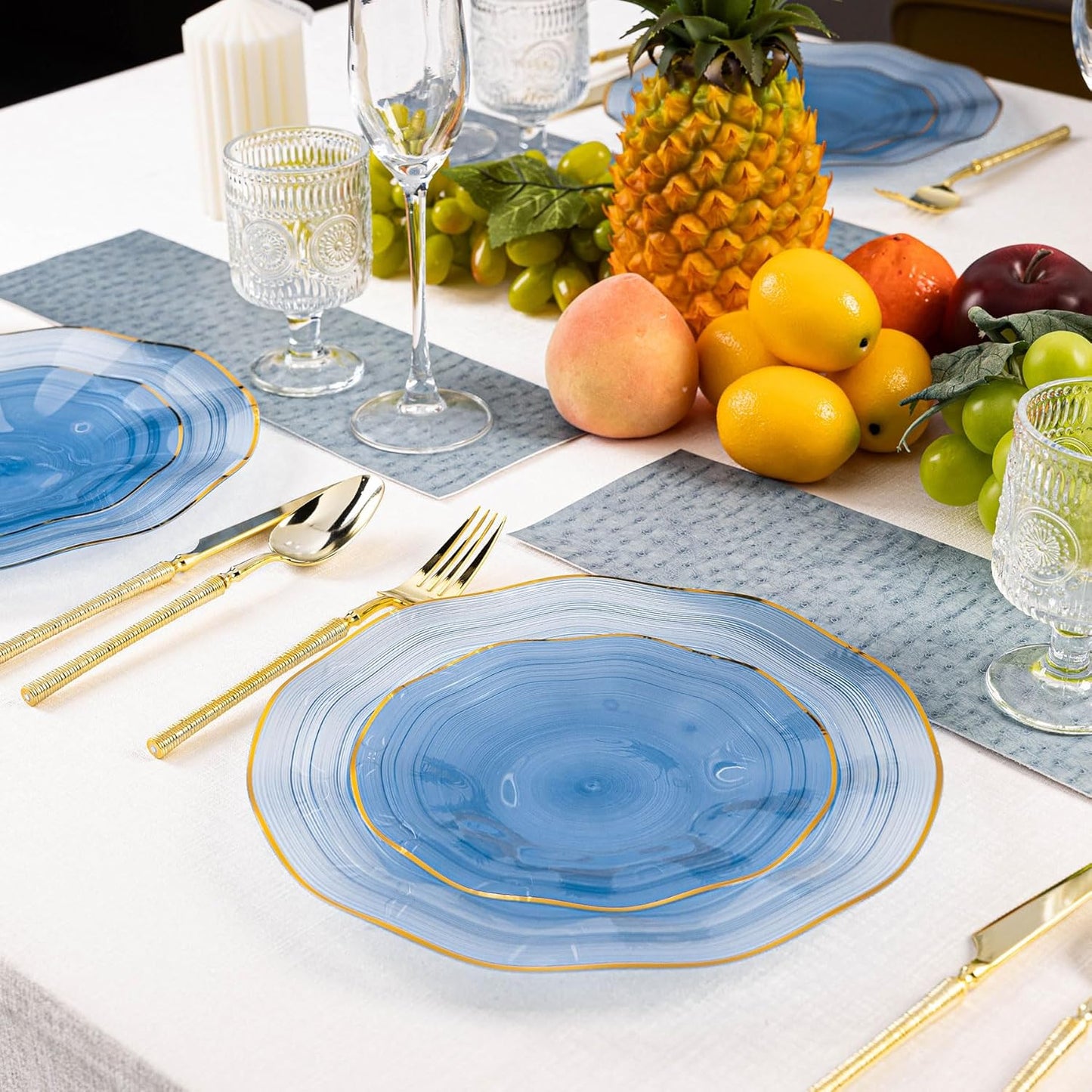 120PCS Blue Plastic Plates with Gold Rim, Heavy Duty Disposable Plates, Elegant and Fancy 60 Dinner and 60 Dessert Plates for Party and Wedding