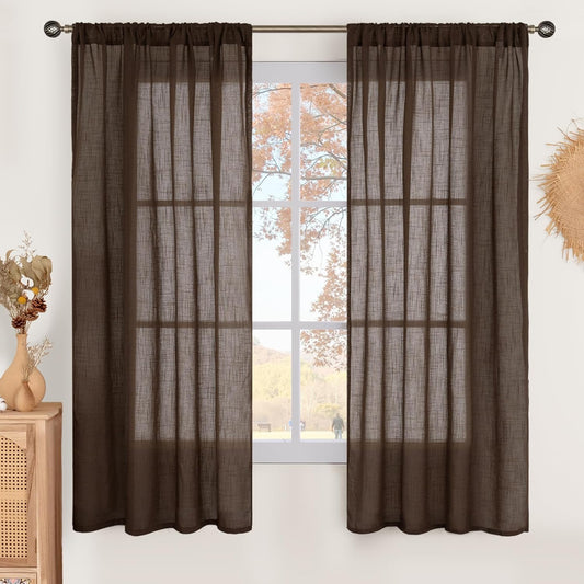 BGment Brown Linen Curtains 63 Inches Long for Bedroom Windows, Sheer Drapes Lightweight Rustic Country Textured for Farmhouse Living Room Decor Rod Pocket, 2 Panels Set, Each 42 Inch Wide