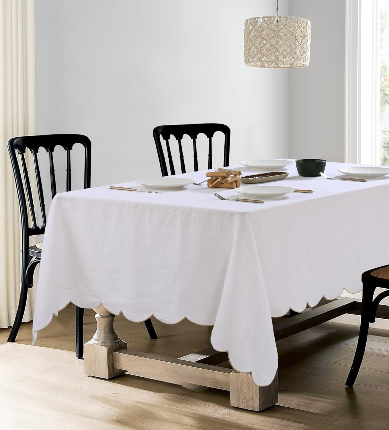 100% Pure Linen Scalloped Embroidery Rectangle Tablecloths 120Lx60W Inch for Dinners, Spring, Machine Machine Washable, 10-12 Sets, White(Edges-Gold)