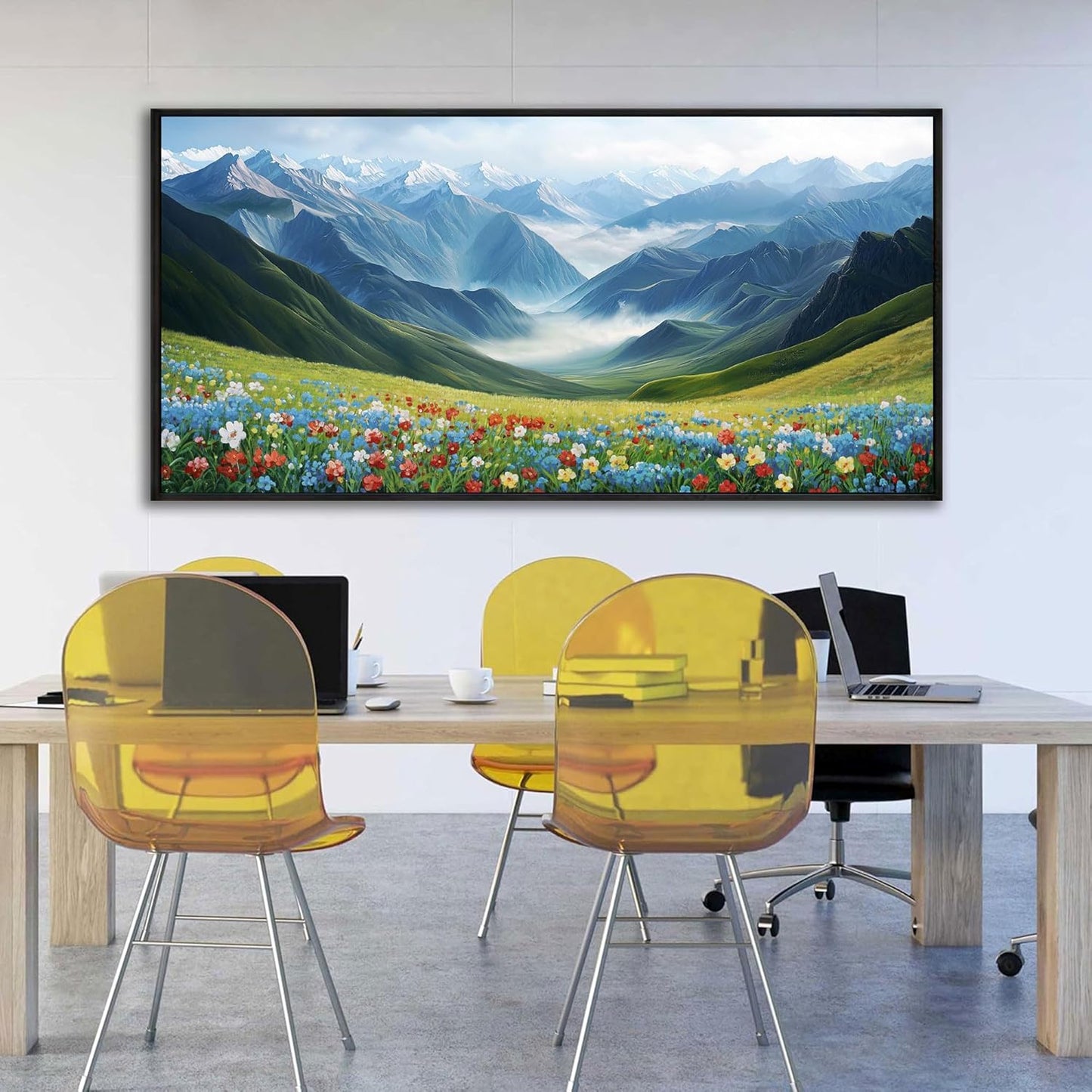 KLAKLA Mountain Wall Art - Large Landscape Living Room Wall Decor Rustic Wild Daisies Misty Forest Snowy Mountains Canvas Picture Framed Artwork for Walls - 58x29 Inches