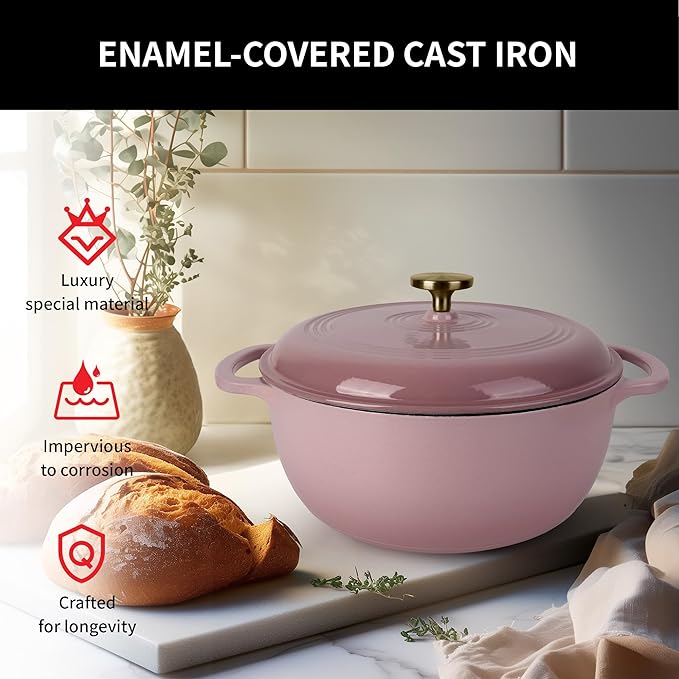 Premium Enameled Cast Iron Dutch Oven for Bread Baking | Non-Stick 2QT Oval Bread Oven with Lid | Perfect for Sourdough, Loaf, and Artisan Baking (Round Pink, 5.5 QT)