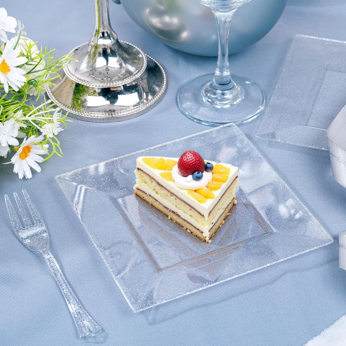 DaYammi 100Pcs Silver Dessert Plates Including 50Pcs Appetizer Plates 6",50Pcs Plastic Forks 5.7",Silver Glitter Plastic Square plate for Wedding,silver Salad plates and Cake Forks for Birthday Party