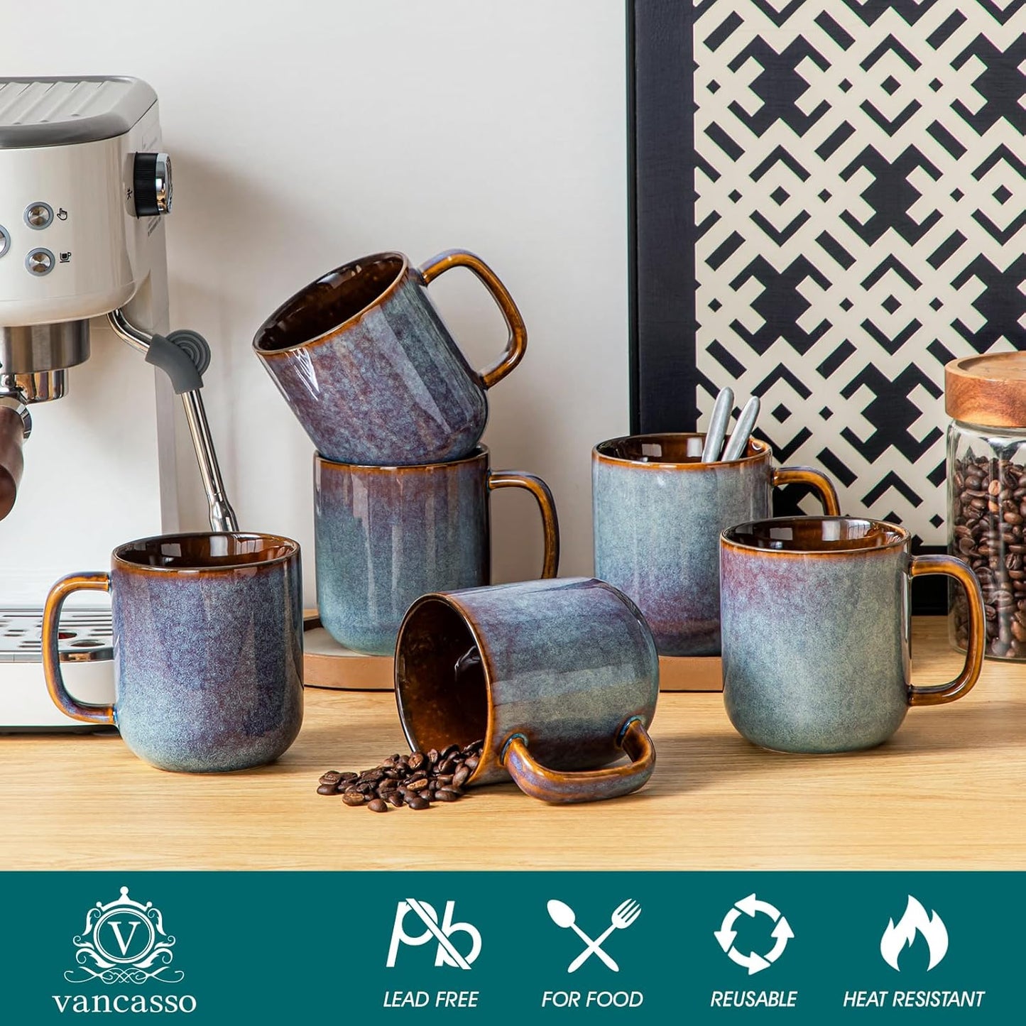 vancasso 16 oz Coffee Mugs Set of 6, Large Ceramic Mug with Handle, Unique Glaze Coffee Cups for Latte, Cappuccino & Hot Cocoa, Dishwasher & Microwave Safe, Blue, Series ONION