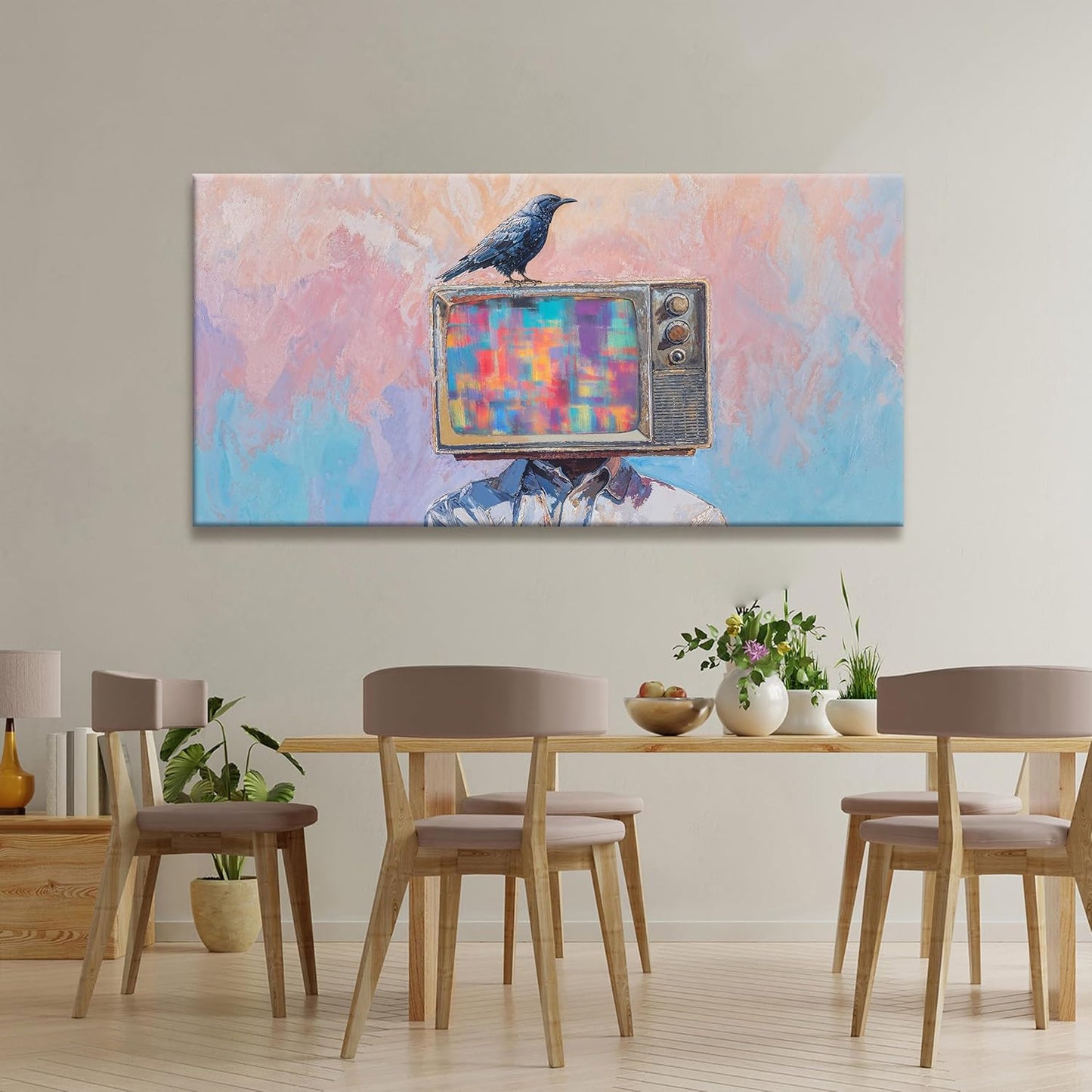 Abstract Wall Art Decor Modern Crow And Tv Head Art Prints Ready To Hang Room Wall Decor Canvas Wall Art For Living Room Bedroom Office Kitchen 24x48 Inch