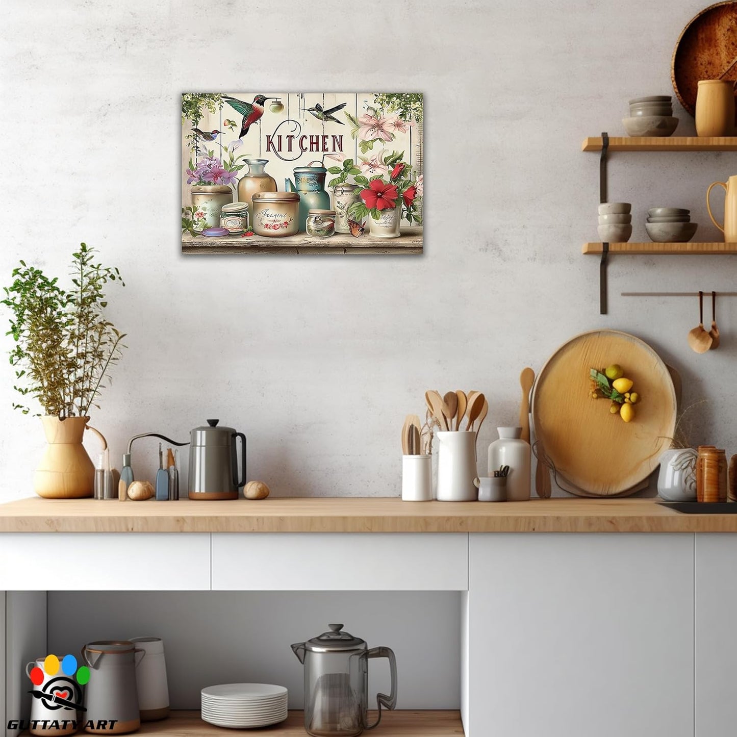 GUTTATY Farmhouse Wall Art Rustic Kitchen Decor, Ready to Hang Kitchen Canvas Print Flowers And Bird,Vintage Posters Prints for Dinning Room Home Kitchen Restaurant Painting 12×18 Inch