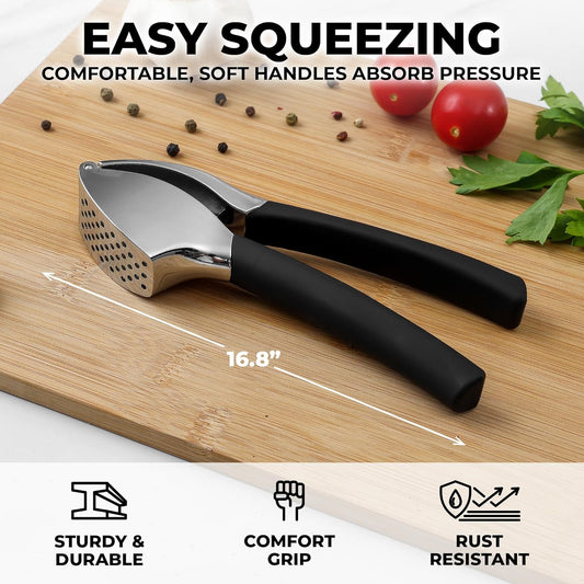Zulay Kitchen Comfort Grip Garlic Press - Garlic Mincer Tool - Garlic Crusher - Garlic Press Mincer Rust Proof, with Soft Ergonomic Handle, Easy Clean Set with Peeler and Brush
