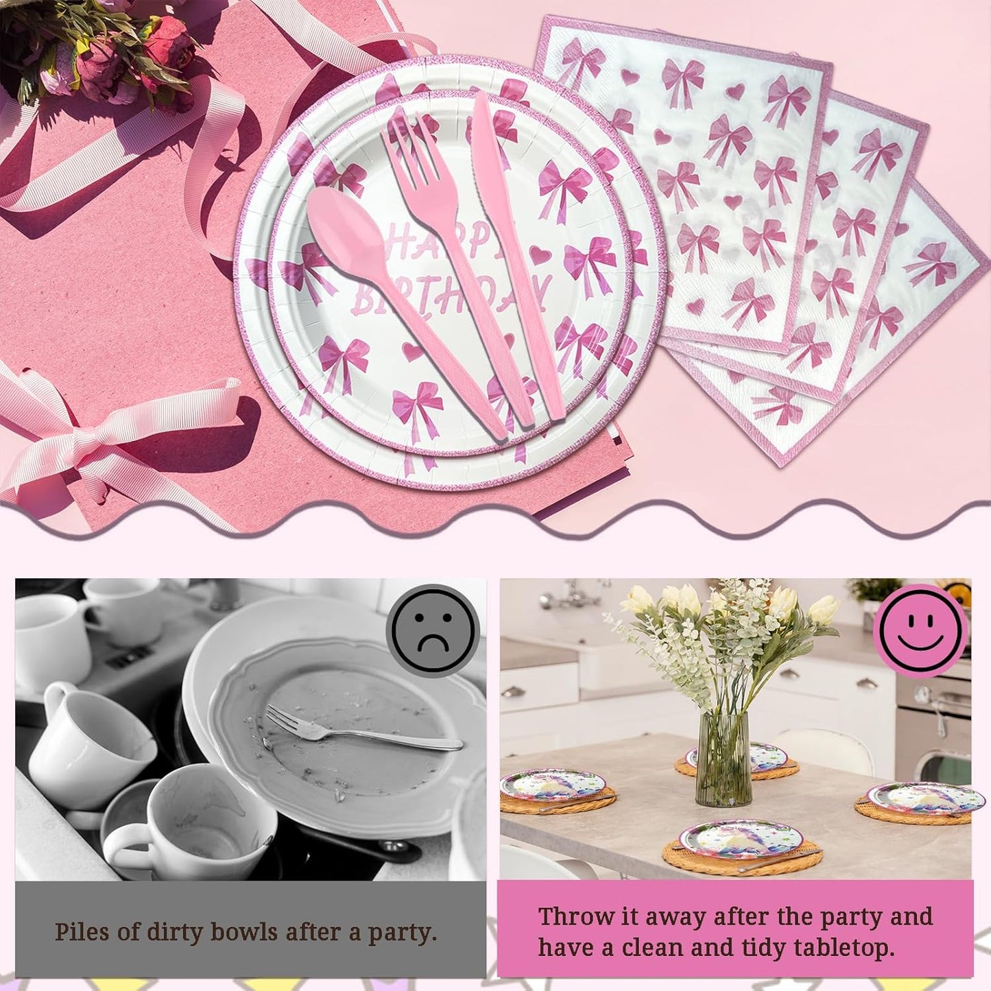 350 PCS Coquette Birthday Plates and Napkins Sets Includes Disposable Plates Dessert Plates Napkins Cups Plastic Knives Forks Spoons Disposable Dinnerware Set For Pink Bow Party (50 Guest)