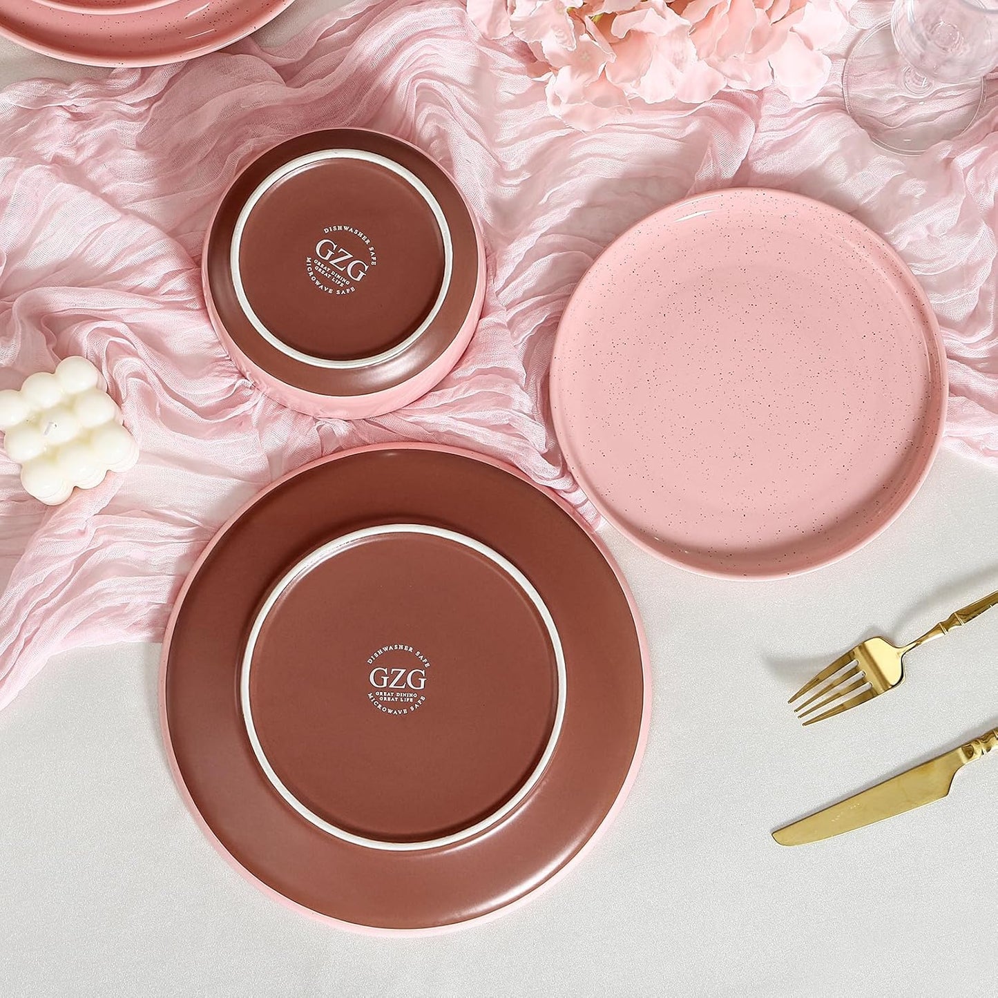 GZG Modern Art Series - 12 Pcs Speckled Stoneware Plates and Bowls Sets, Ceramic Dinnerware Set with Rustic Terracotta Underside, Microwave and Dishwasher Safe Handcrafted Dishes Set - Blush Pink