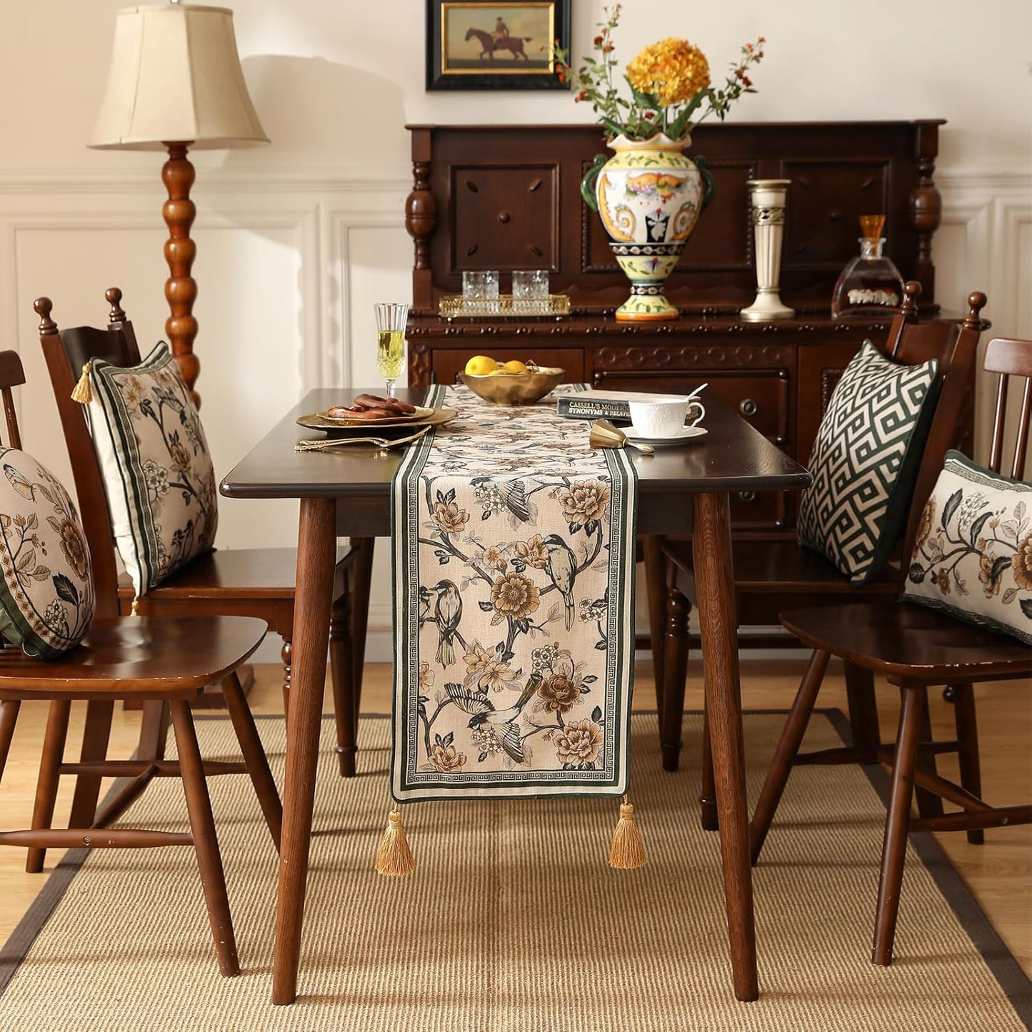 ISAENNE Designer Vintage Beige Linen Table Runner 118 Inches Extra Long,Elegant Floral and Bird Pattern Decor Table Runners for Dining Tables,Thanksgiving,Christmas,Banquet,Party,12"*118"-Murad A